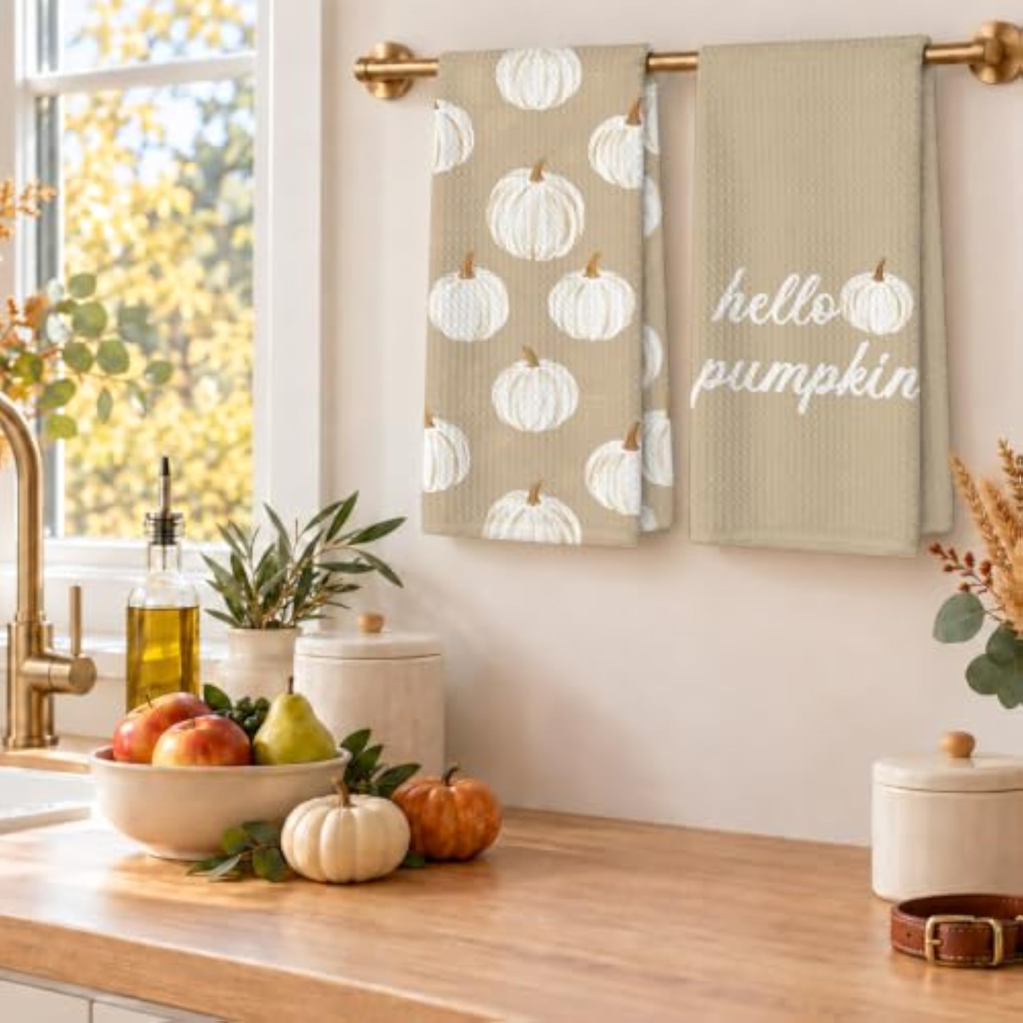 Fall White Pumpkin Decor Kitchen Towels Set of 2