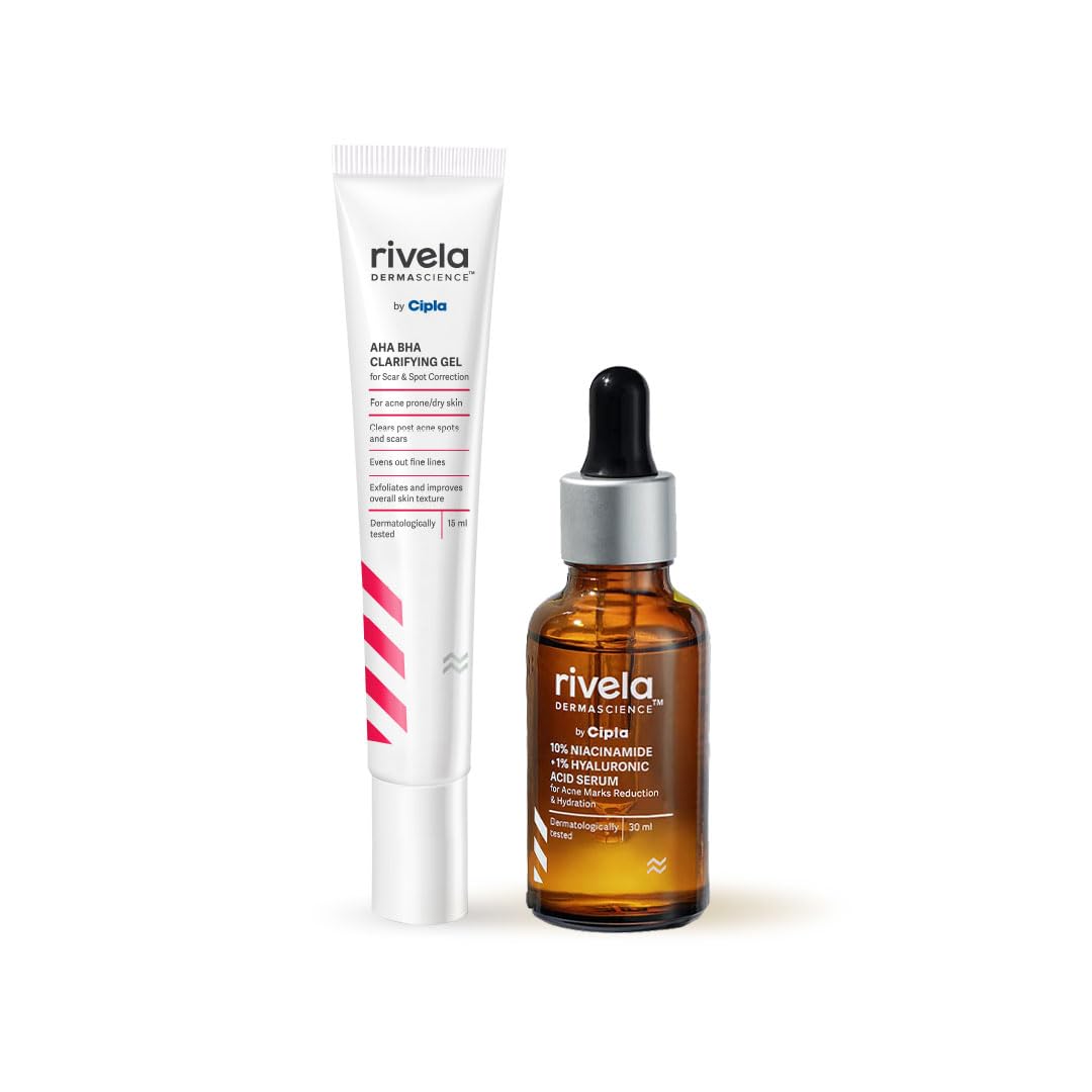 by Cipla Scar and Acne Marks Duo | 10% Niacinamide + 1% Hyaluronic Acid Serum (30ml) & AHA BHA Clarifying Gel (15ml) | 2 Items in Set
