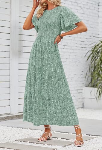 Image of ZESICA Women's 2026 Summer Boho Floral Maxi Dresses Casual Short Flutter Sleeve Smocked Tiered Flowy Dress