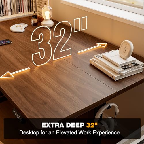 Image of Grandder 47x32 Large Electric Standing Desk, Height Adjustable Computer Desk with 2 Memory Presets, 31.5 inch Deep Desktop Sit Stand Desk Home Office Desk Workstation Table with Hooks, Walnut