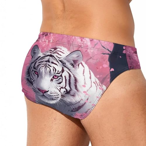 White Tiger Cherry Tree Blossoming Mens Swim Briefs Sexy Bikini Swimwear Bathing Suits Trunks3