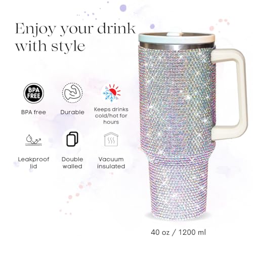 Image of 40 Oz Rhinestone Tumbler with Handle and Flip Straw, Insulated Stainless Steel Double Layer Bling Tumbler | Leak Proof Glitter Tumbler for Women | Reusable 1200ml Travel Bling Cups White AB