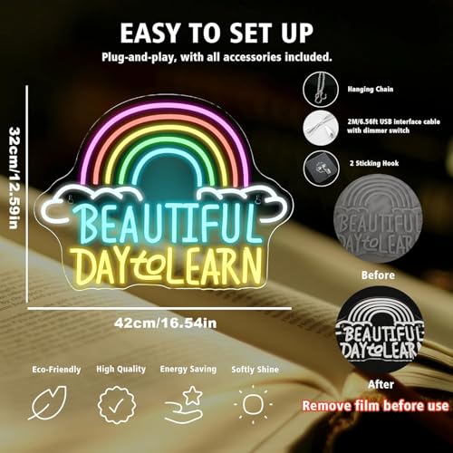 Image of Reading Neon Sign with Adjustable Brightness for Classroom Reading Wall Sign and LED Neon Light for Learner Study Corner Reading Nook and Bedroom Decor Beautiful Day to Learn Wall Decor
