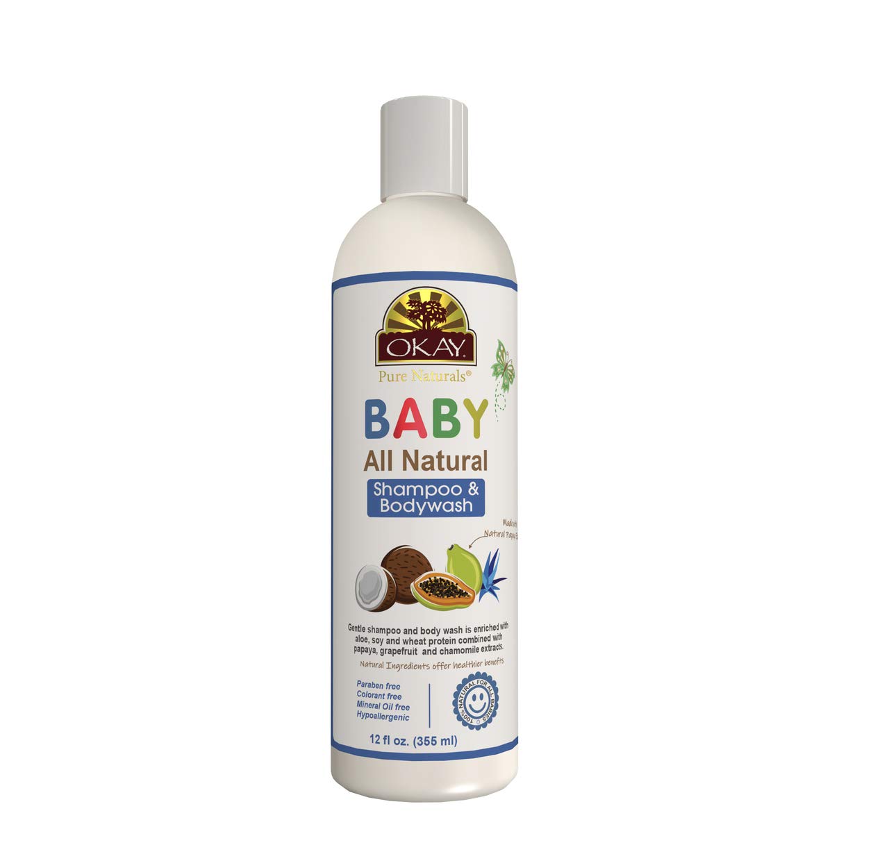OKAY All Natural Baby Shampoo&Body Wash with Organic Ingredients Helps Gently Cleanse,Nourish,and Soften Baby's Skin And Hair Sulfate,Silicone,Paraben Free For All Skin&Hair Types Made in USA 12 oz
