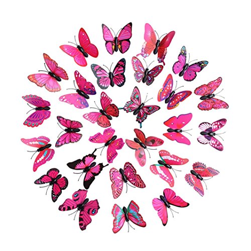 Preisvergleich Produktbild BakeLIN Wandaufkleber Wandtattoo, 3D Schmetterlinge DIY Kühlschrank Aufkleber Wandsticker Wohnzimmer Schlafzimmer Haus Dekoration 30 Pcs (30 Pcs, Rose rot)