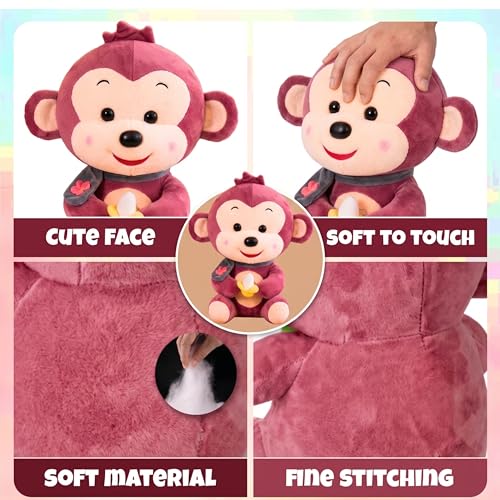 Image of Tickles Cute Smiling Muffler Monkey with Banana Soft Stuffed Plush Animal Toy for Kids Boys & Girls Birthday Gift (Size: 25 cm Color: Red)
