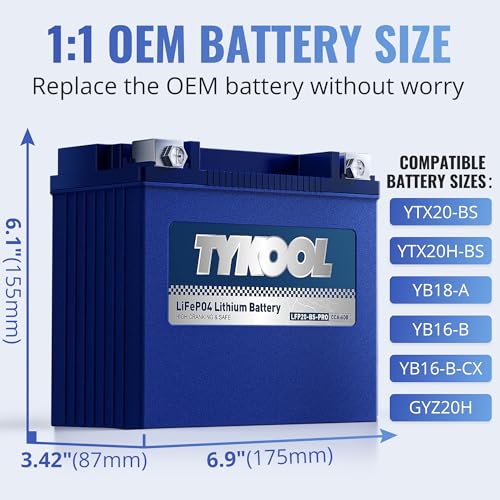 Image of TYKOOL LFP20-BS-PRO Lithium Battery, Replaces YTX20-BS YTX20H-BS GYZ20H, 650CCA 12Ah fits for Indian Chief Scout Arctic Cat Alterra ZR 8000 Yamaha SR Viper Moto Guzzi California, Digital Readout [+ -]