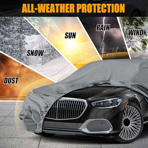 Image of Waterproof Premium Car Covers Replace for 2006-2025 Mercedes Benz S-Class S350 S400 S450, 10 Layers Heavy Duty All Weather Car Cover with Zipper Door, Windproof Bands for Snow Rain Dust Protection