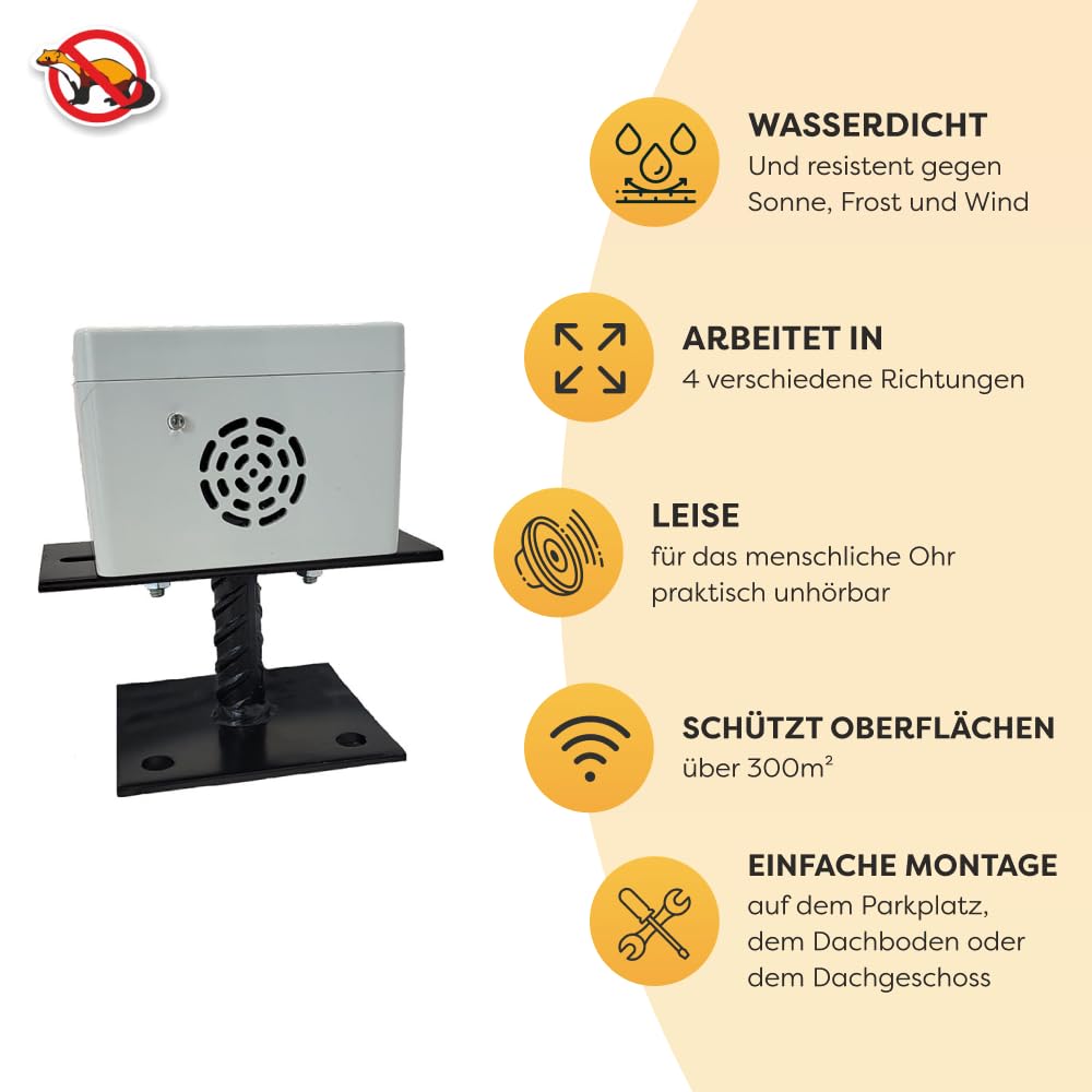 Hermetischer Ultraschall Mardervertreiber Light&Flash – 4 Lautsprecher | Leise 48 dB | Für Parkplatz, Dachboden & Außenbereiche | IP54D