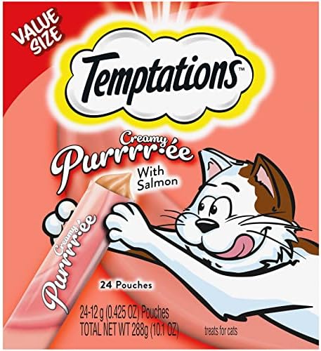 Temptations Creamy Puree Squeezable Lickable Cat Treats, Wet Cat Treats with Salmon, 0.42 oz. Tubes, 24 Count - Packaging May Vary