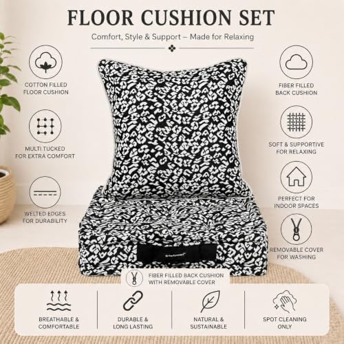 Image of Woven Quilted Floor Cushion Set 50x50x10 CM Black and White Animal with Fillers & Back Cushion, Large Size for Seating, Patio Seat, Meditation, Yoga, Pooja, Guests, Living 20x20x4 Inch
