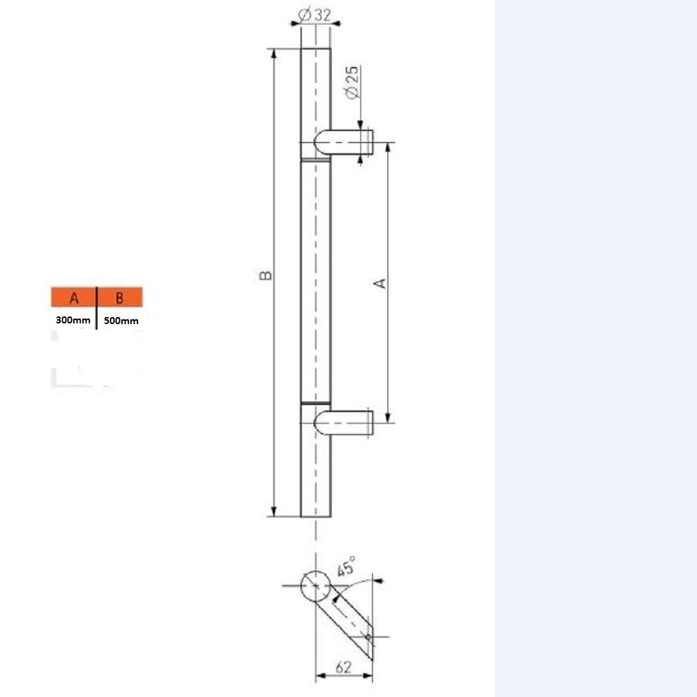 Tirant de porte en inox véritable avec vis traversantes 45° 500 mm