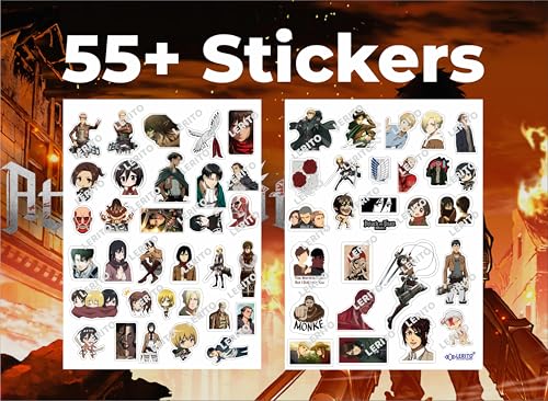 Image of LERITO Attack on Titan Sticker Pack, 55+ Pieces, Waterproof Vinyl Decals, Multicolour, for Laptop, Journal, Guitar, Mobile Phone