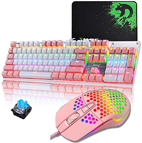 Packs de Teclado y ratón mecánico Gaming RGB Switch Blue 104 Teclas Disposición Ergonómica 9 Modos de iluminación RGB Teclado Ratón Gaming 6400 dpi para PC/Mac con Windows - Rosa