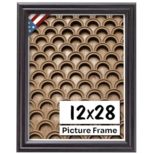 Coffee Brown 12x28 Picture Frame .75" Inch Wide - Dark Brown Wall Decor Handmade Solid Wood Frames with Preinstalled Hangers and UV Blocking Plexiglass 28x12 Frame
