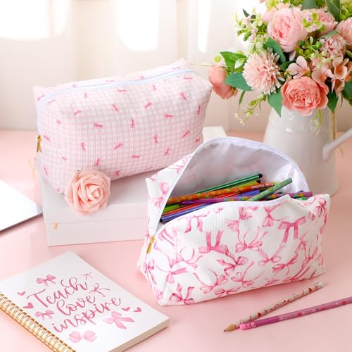 Image of Sherr 2 Pack Coquette Pink Bow Pencil Pouch for Girl Women Cute Bow Corduroy Makeup Bag for Women Soft Quilted Pencil Case for Back to School Gifts Kawaii Pen Box Bag for School Office