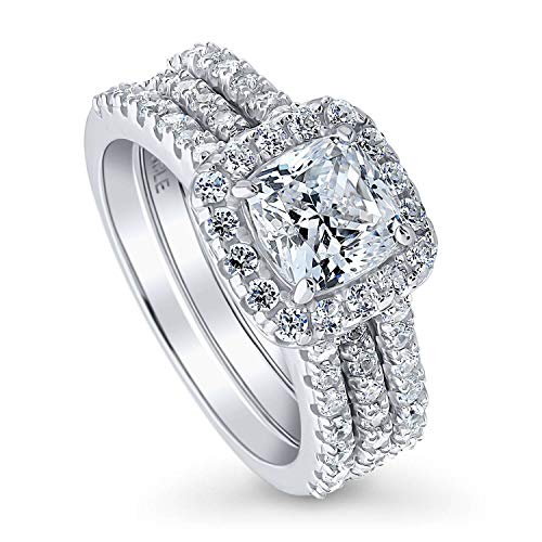 BERRICLE Rhodium Plated Sterling Silver Cushion Cut Cubic Zirconia CZ Halo Engagement Wedding Insert Ring Set 2.6 CTW Size 5
