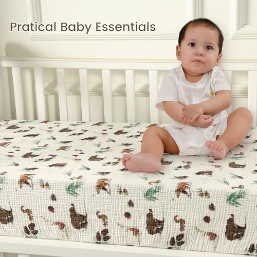 Image of david's kids Muslin Crib Sheets for Boys, 2 Pack 100% Cotton Soft Breathable Fitted Baby Sheet Set, Standard 52 inchx28 inch Crib and Toddler Mattress, Woodland Animal