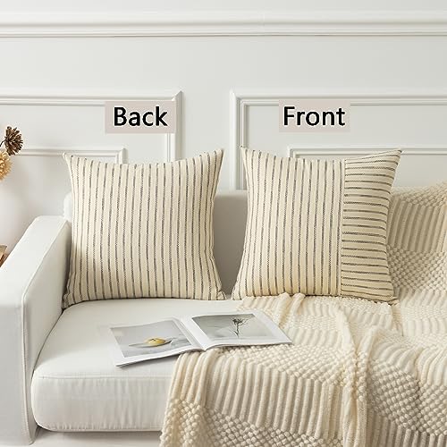 Kevin Textile Beige and Black Patchwork Farmhouse Pillow Covers 16x16 Inch, Pack of 2 Striped Linen Decorative Modern Accent Pillow Cases for Sofa Couch Bedroom - Image 3