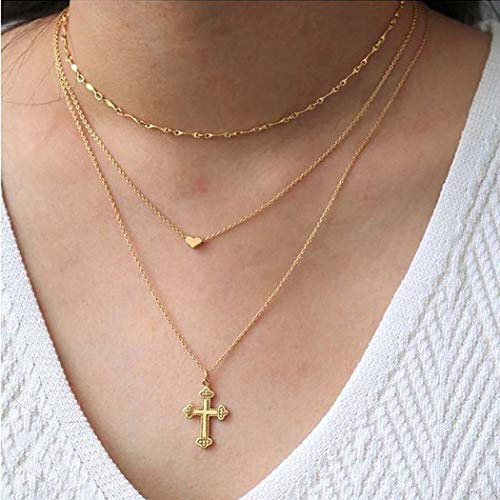 Vivilly Vintage Cross Layered Necklaces Gold Heart Pendant Multilayer Necklace Long Chain Jewerly for Women and Girls