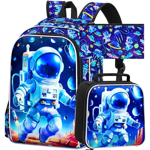 Image of AGSDON 3PCS Astronaut Backpack for Boys, 16 inch Little Kids Preschool Bookbag, Elementary Backpacks and Lunch Box - Blue