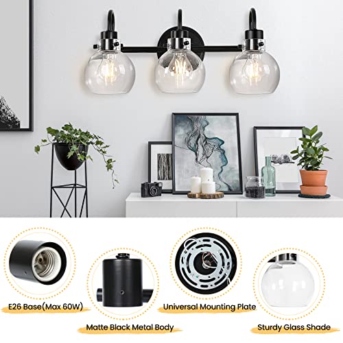 Image of Bathroom Light Fixtures, Black 3 Lights Vanity Light, Farmhouse Wall Sconces with Globe Glass Shade, Porch Wall Mount Lamp for Mirror, Kitchen, Porch Living Room Workshop (E26 Base)