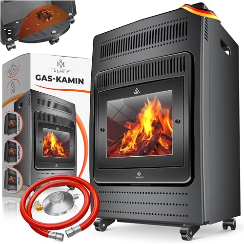 KESSER® Gasheizer Gasheizofen Heizstrahler 3,4 kW Gas Kamin inkl. Gasdruckregler & Gasschlauch, 2 Heizstufen Infrarot 3400W Gasheizstrahler Gasheizung Butan- oder Propangasflaschen bis 11kg, Anthrazit