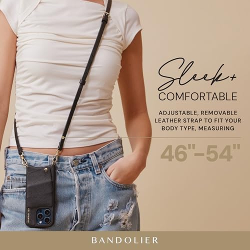 Image of Bandolier Emma Crossbody Phone Case and Wallet - Compatible with iPhone 16 Pro Max Genuine Pebbled Black Leather with 2 Pockets and Removable Shoulder Strap