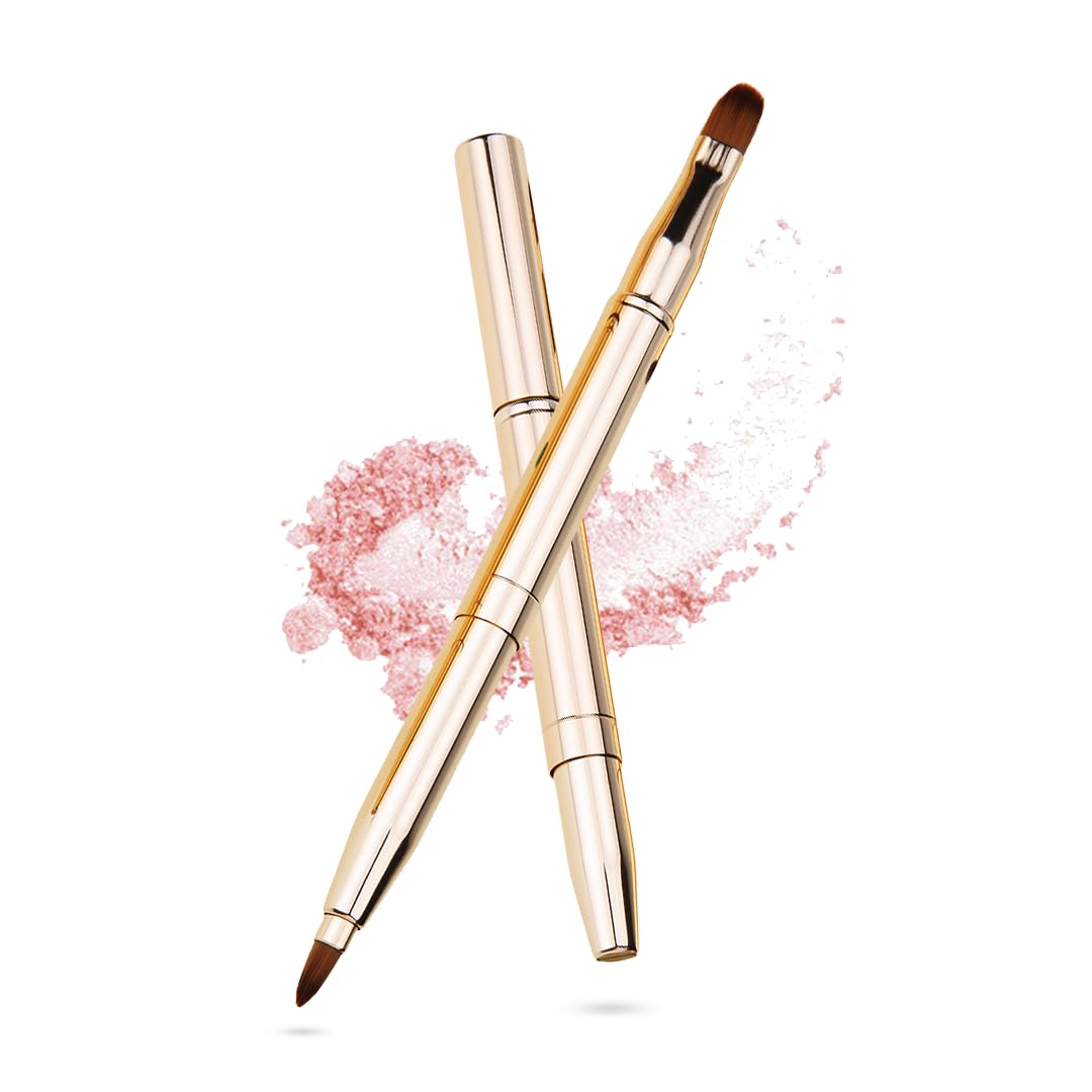 GlevaRetractable Dual Head Lip Brush, Concealer Brush with Cap Travel Applicators Double-Sided Cosmetic Brush Concealer, Eyeliner, Lipstick, Eyeshadow, Eyebrow Brush (Gold)