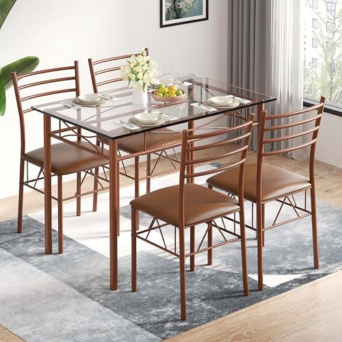 VECELO 5-Piece Kitchen Dining Table Set, Glasses Tabletop & Heavy-Duty Metel Frame, Rectangle Dinette with 4 Chairs for Small Space, Breakfast Nook, Glasses & Brown