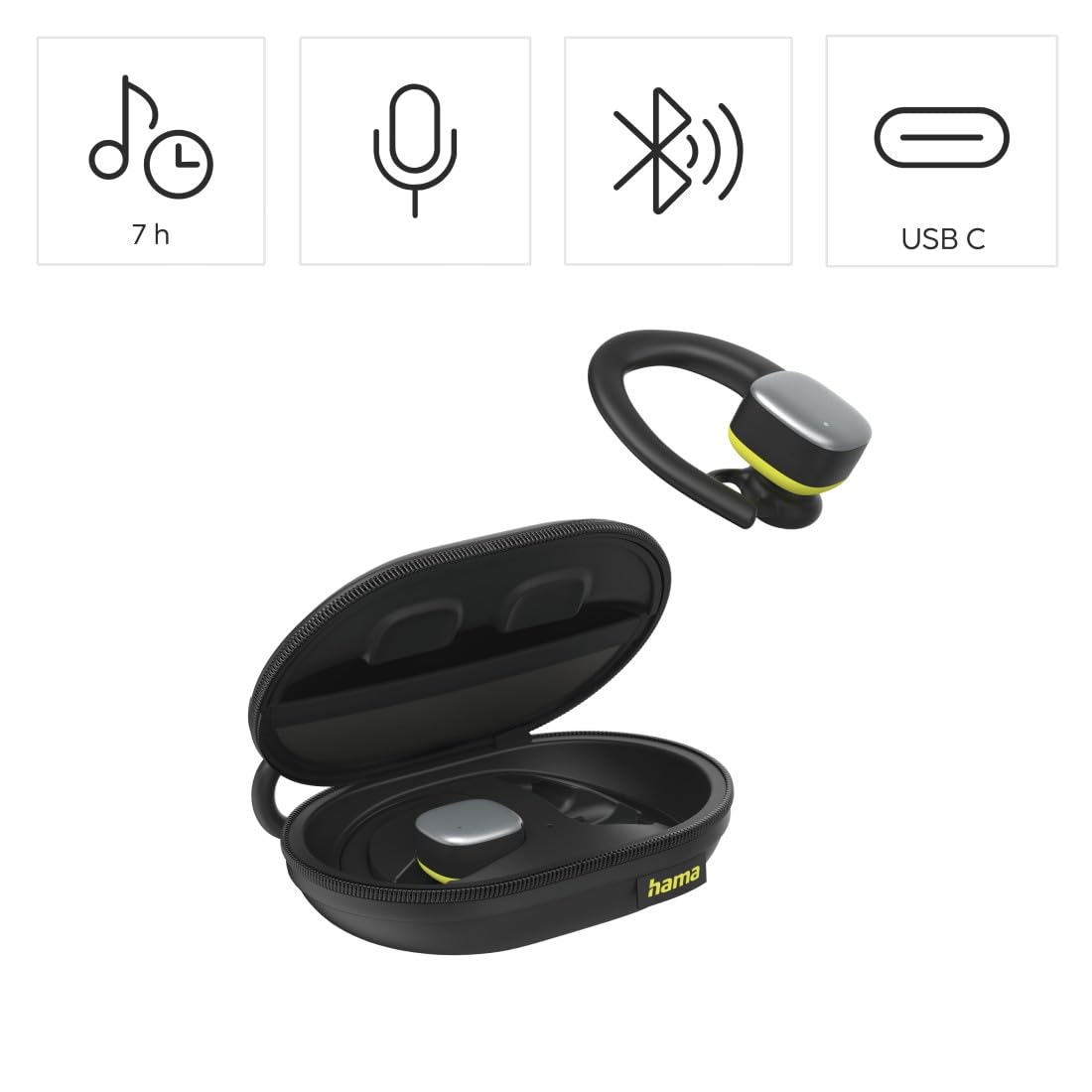 Hama Bluetooth Sportkopfhörer (In Ear Sportkopfhörer mit Ohrbügel, Kopfhörer kabellos mit 35 h Akku, TWS Kopfhörer mit Wasserschutz IPX5, schweißfest, Tastensteuerung) Schwarz/Gelb