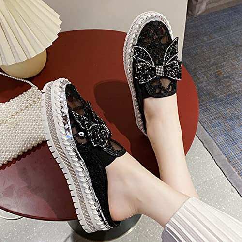 Image of Women's Platform Rhinestones Glitter Sneakers,Fashion Cute Bow Comfy Breathe Canvas Hand-Stitching Slip On Casual Walking Flat Loafers