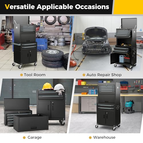 COSTWAY Large Tool Cabinet, Lockable Metal Tool Chest Combo with Detachable Top Cabinet, Wheels, 6 Drawers & Hooks, Heavy-duty Rolling Toolbox Trolley (3-in-1, with Middle Compartment, Black) 9 COSTWAY Large Tool Cabinet, Lockable Metal Tool Chest Combo with Detachable Top Cabinet, Wheels, 6 Drawers & Hooks, Heavy-duty Rolling Toolbox Trolley (3-in-1, with Middle Compartment, Black) - Image 9