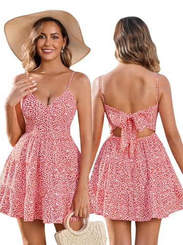Image of HTZMO Women Summer Floral Mini Sundress Bow Tie Short Dress | V Neck Backless Ruffle A Line Flowy Cute Dresses, Boho Beach Casual Vacation Homecoming Graduation 2026