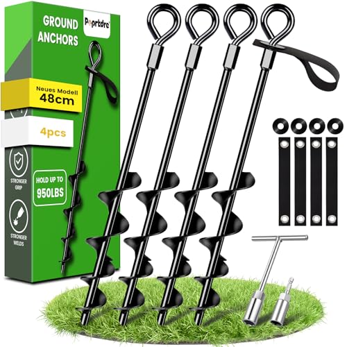 Lot de 4 piquets d'ancrage au sol de 48 cm avec sangles résistantes, ancrages au sol à visser dans le sol pour tentes, balançoires, auvents,...
