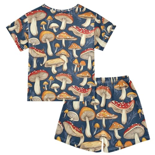 ALAZA Red Mushroom Navy Blue Pajamas Set Short Sleeve Cotton Sleepwear Summer Pjs 2 Piece 5-14Y2