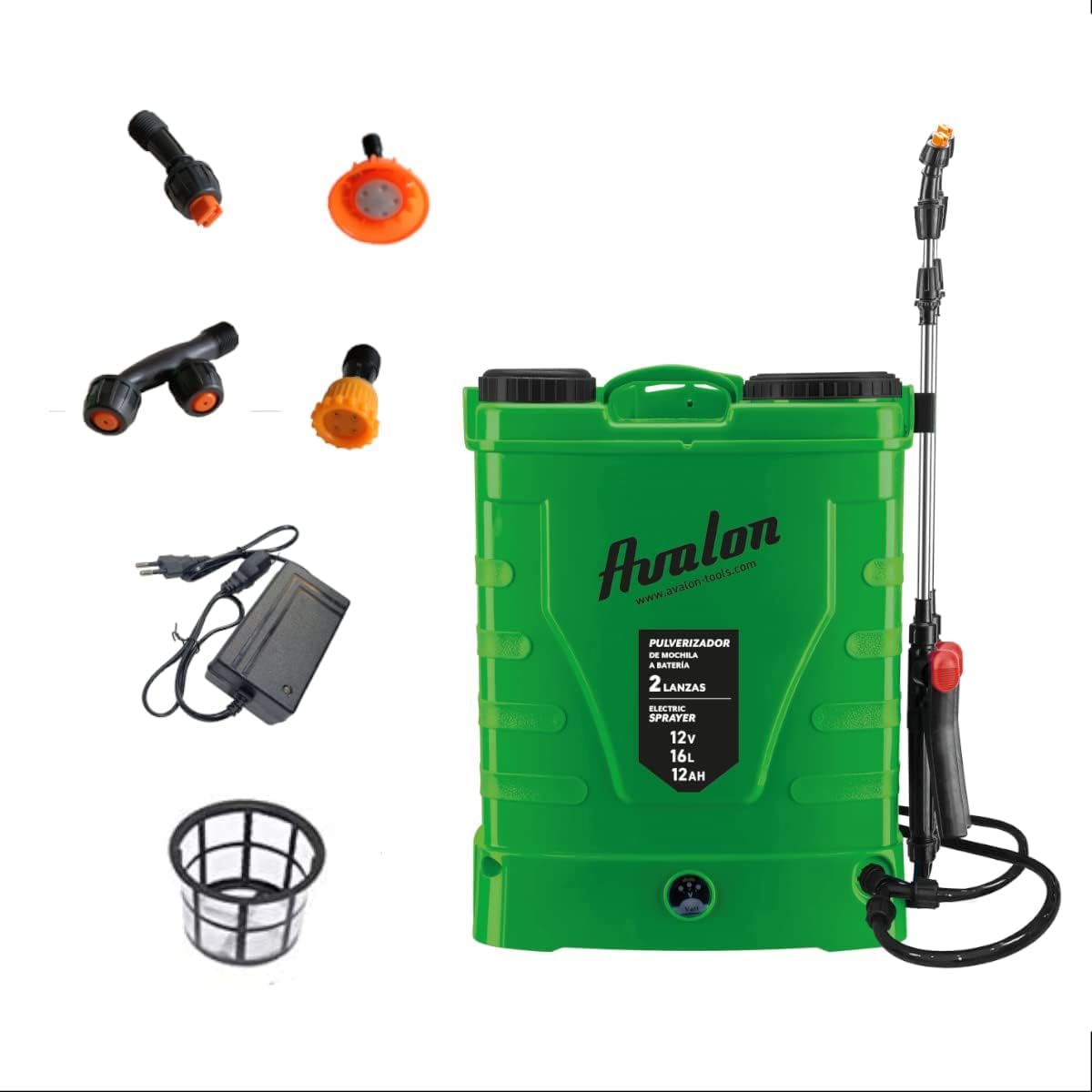 Avalon - Pulverizador de Mochila a Presión de 2 Lanzas con Batería Recargable, Tanque 16L, Lanzas INOX, Verde