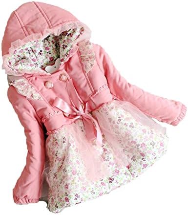 Cute Girls Double-breasted Jacket with Small Floral Thicker Hooded Winter Coat (12(6 Years), Dark Pink)