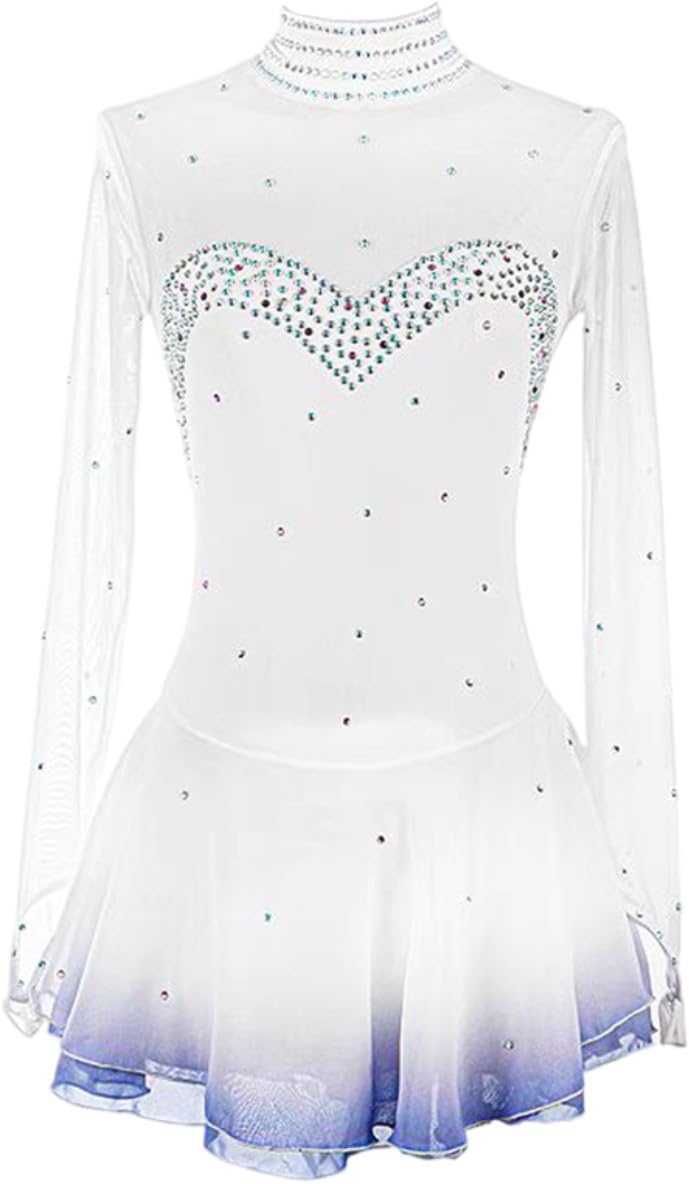 Figure Skating Dress,Girls Sparkling Gradient White Diamond Skating Performance Competition Wear Costume White