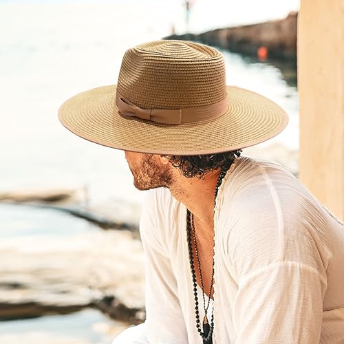 Image of FLUFFY SENSE. Unisex Wide Brim Sun Hat Straw Panama Rancher Fedora Hat for Men Beach Hat for Women
