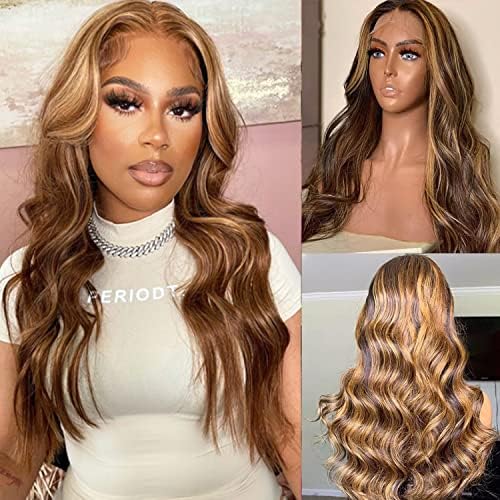 13x4 Ombre Highlight Lace Front Wig Body Wave Human Hair Wig 4/27 Blonde 200% Density Curly Lace Frontal Human Hair Wig Pre Plucked With Baby Hair Glueless HD Transparent Lace Frontal for Black Women (20inch, 4/27-body)