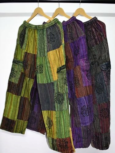 Women's Printed Patchwork Wide Leg Hippie Elastic Waist Drawstring Trousers Pants with Pocket, Pack of 032