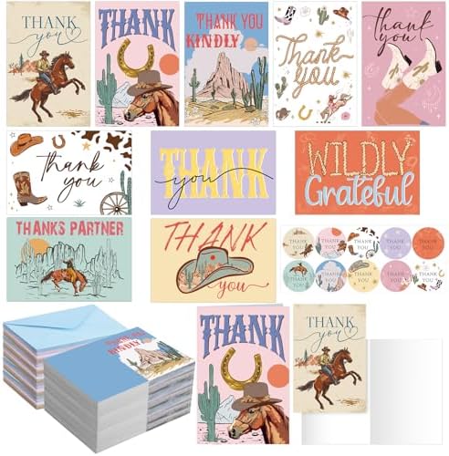100 Pack Western Cowboy Thank You Cards Assorted Blank Appreciation Greeting Note Cards with Envelopes Stickers for Teachers, Coworkers, Thanksgiving, Christmas, Birthday, Bridal Gifts