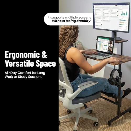 Image of Small Rolling Desk with Wheels, Adjustable Height 27 inch-43.3 inch Portable Standing Desk, 31.5 inchx15.7 inch Tabletop, Mobile Laptop Computer Table for Home Office Workstation, Rustic Brown
