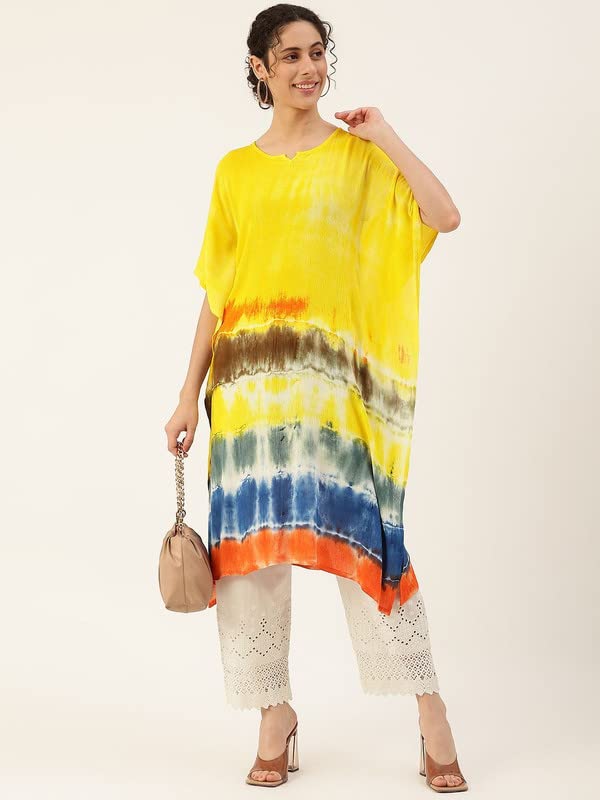Image of Maaesa Women Handcrafted Tie & Dye Rayon Crepe Kaftan Kurta | Casual Wear | Flowy Kaftan Style | Lightweight & Breathable Fabric