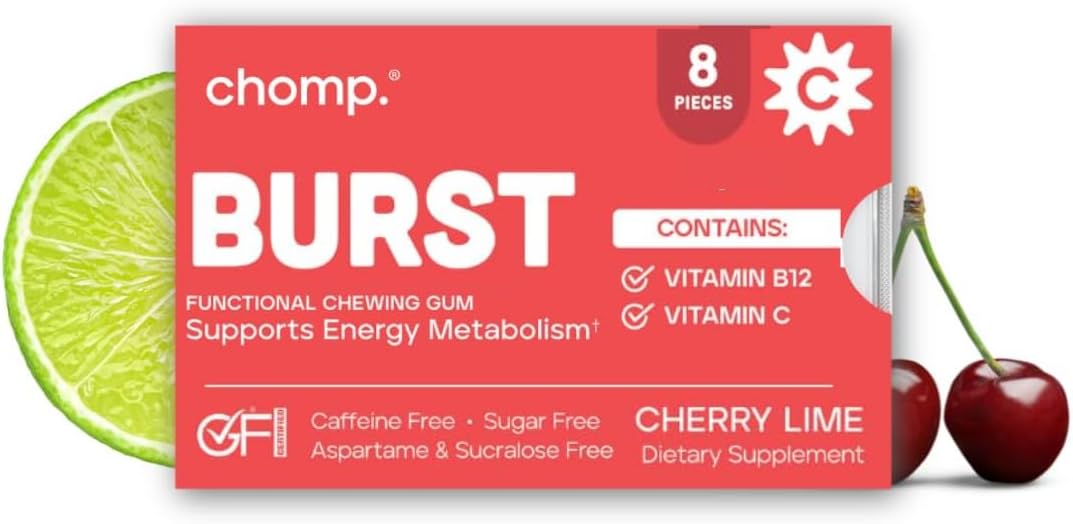Chomp Burst – Gums - Healthy Chewing Gum – Caffeine Free - Vitamin B12 + Vitamin C – Energy Support for Women & Men – Cherry Lime Flavor – Gluten Free – Sugar Free – Aspartame Free - Sucralose Free