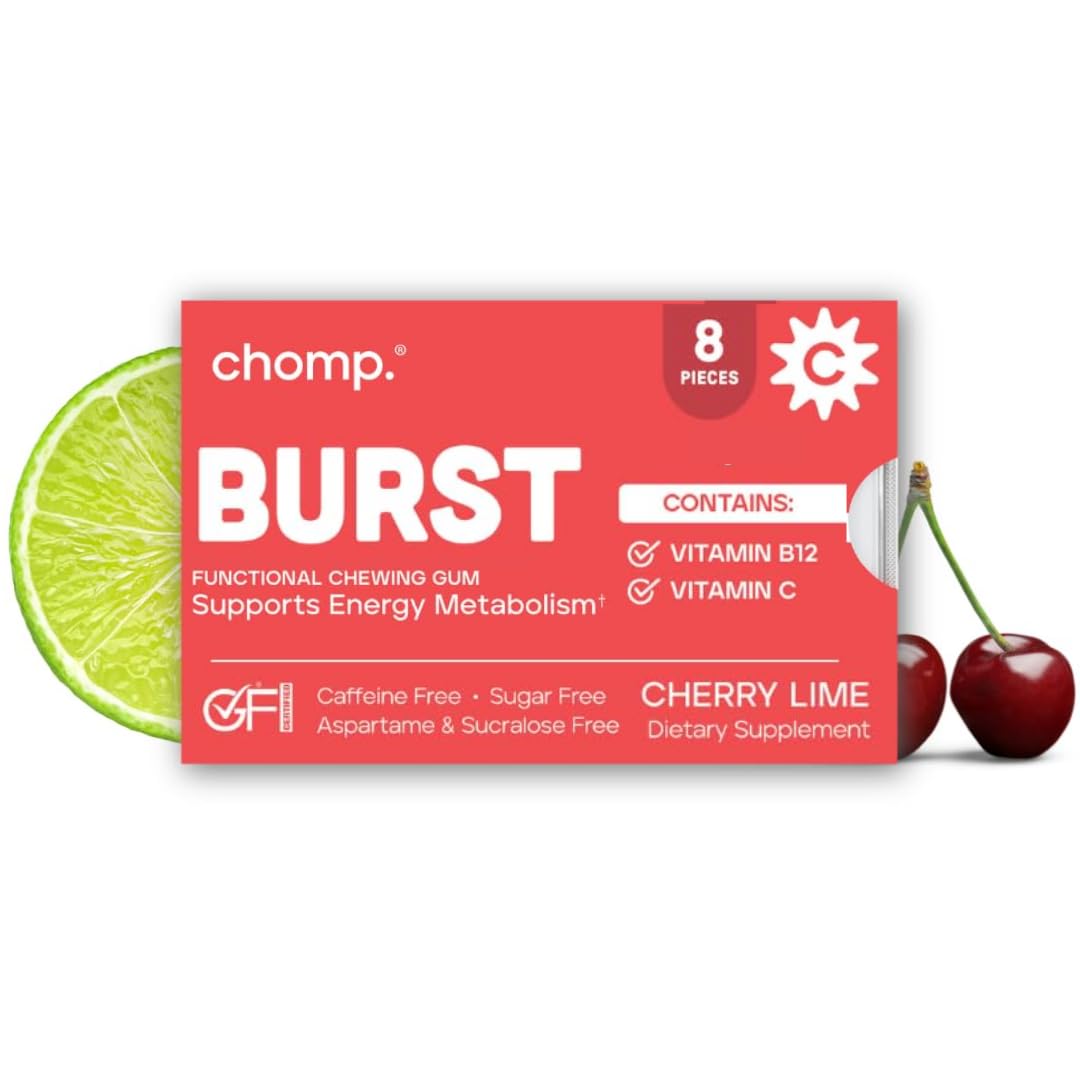 Gums BURST Chewing Gum, Sugar-Free with Vitamin B12 & C, Caffeine Free, Gluten-Free, Aspartame & Sucralose Free, Cherry Lime Flavor (1 Pack)
