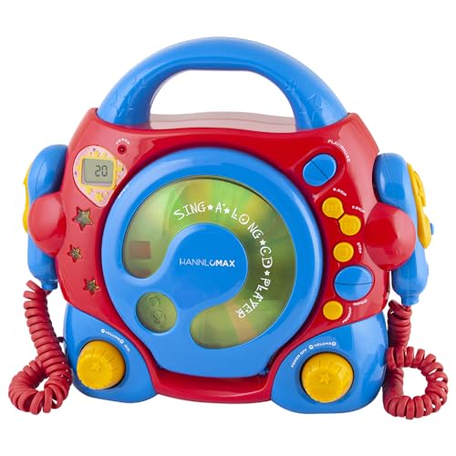 HANNLOMAX HX-335CD CD/MP3 Player with Dual Sing-A-Long Mic, USB Port for MP3 Playback, LCD Display, Headphone Jack. (Red/Blue)