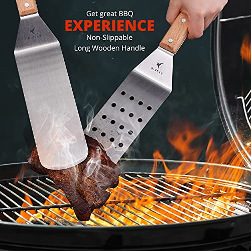 Rivexy BBQ Accessory, Griddle Accessories Wooden 5 pcs Metal Spatula Set Stainless Steel for Blackstone with Bag, 2 Griddle Spatula, Griddle Scraper, Metal Turner, Spatula for Smash Burger
