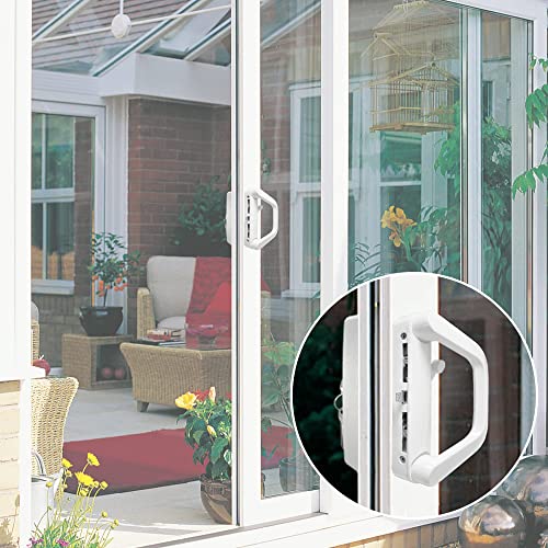 Zgo Sliding Patio Door Handle Set With Mortise Lock & Key Cylinder, Replacement Handle Lock Set Fits Door Thickness From 0.75In To 1.4In, 4-15/16" Screw Holes, Keyed, Reversible Design, White #TOP3